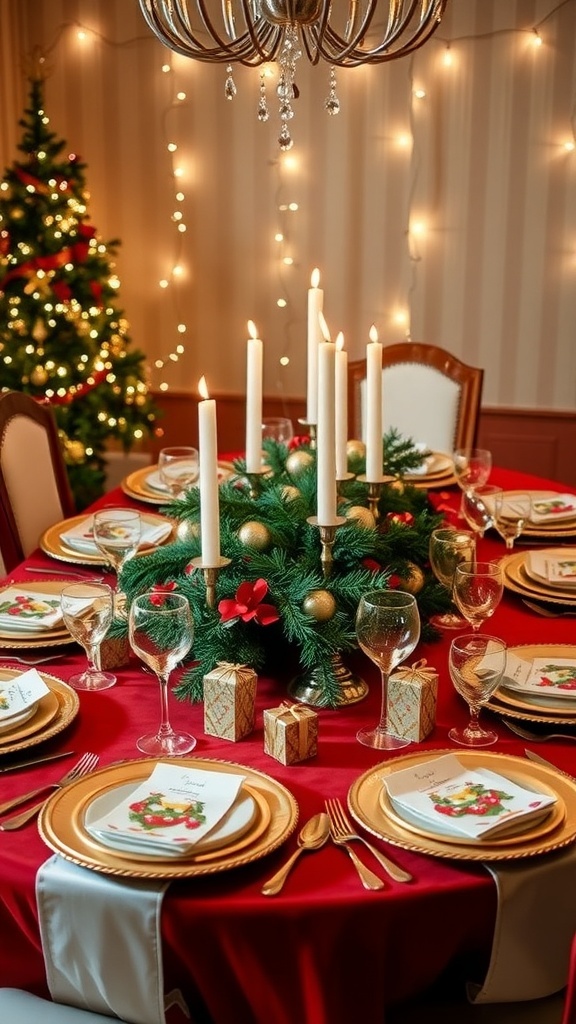 A festive Christmas table setting with candles, evergreen branches, and holiday-themed dinnerware.